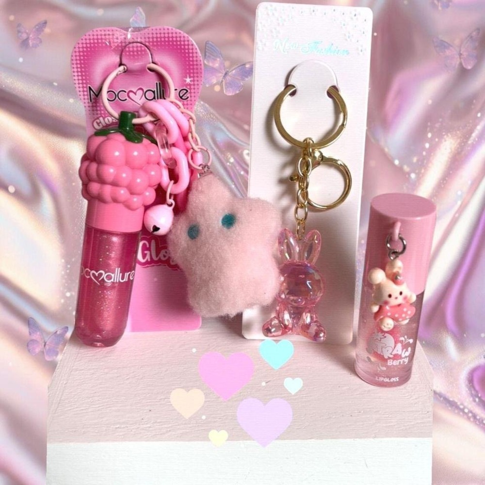 🎀‎ BABY PINK COQUETTE LIPGLOSS KEYCHAIN BUNDLE - STAR & BUNNY #93